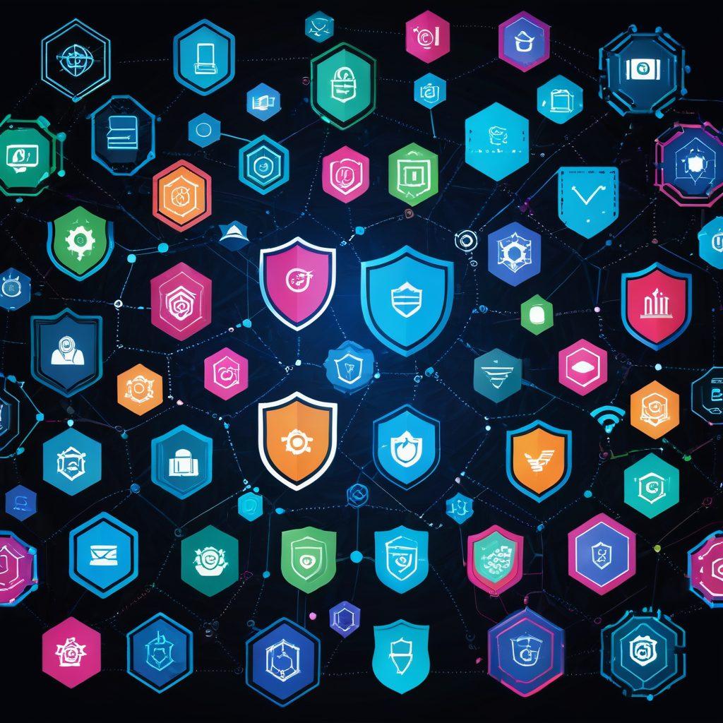 A detailed collage showing various aspects of modern web development: sleek UI/UX interface design sketches, lines of code, cybersecurity shield icons, and interconnected digital networks. The image should convey progress and innovation, with a futuristic feel. vector art. vibrant colors.