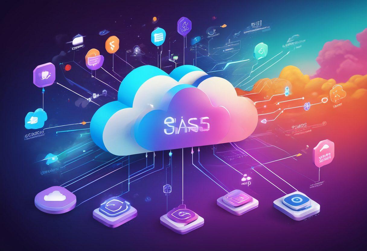 A dynamic scene featuring interconnected cloud icons, SaaS application logos, and data flow diagrams that illustrate scalability. Include a vibrant background with arrows pointing upwards. Integrate elements like servers, code snippets, and digital graphs. super-realistic. vibrant colors. futuristic style.