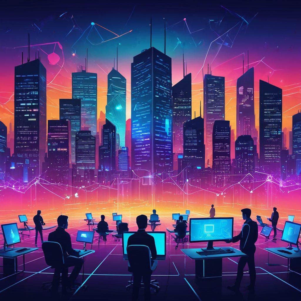 A dynamic illustration of a digital landscape featuring a well-secured website with padlocks, shields, and a sleek server tower. Vibrant colors convey a sense of robust security and cutting-edge technology. Incorporate elements like a network grid, shield icons, and people working on laptops. Incorporate a futuristic cityscape in the background. vector art. vibrant colors.